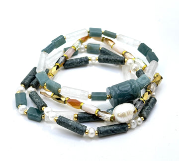 Sage green beads and white pearl bracelet stacks