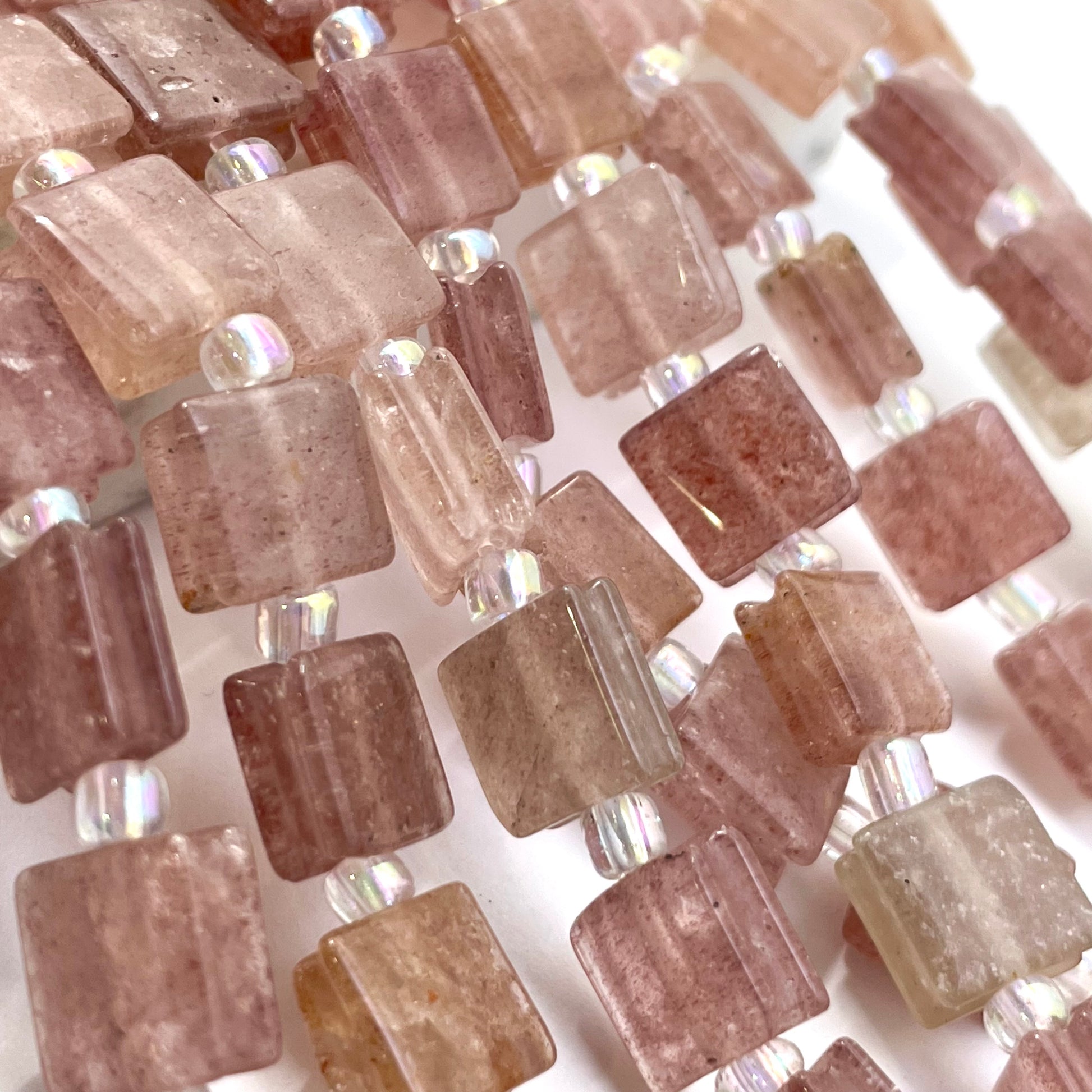 Flat square strawberry quartz beads