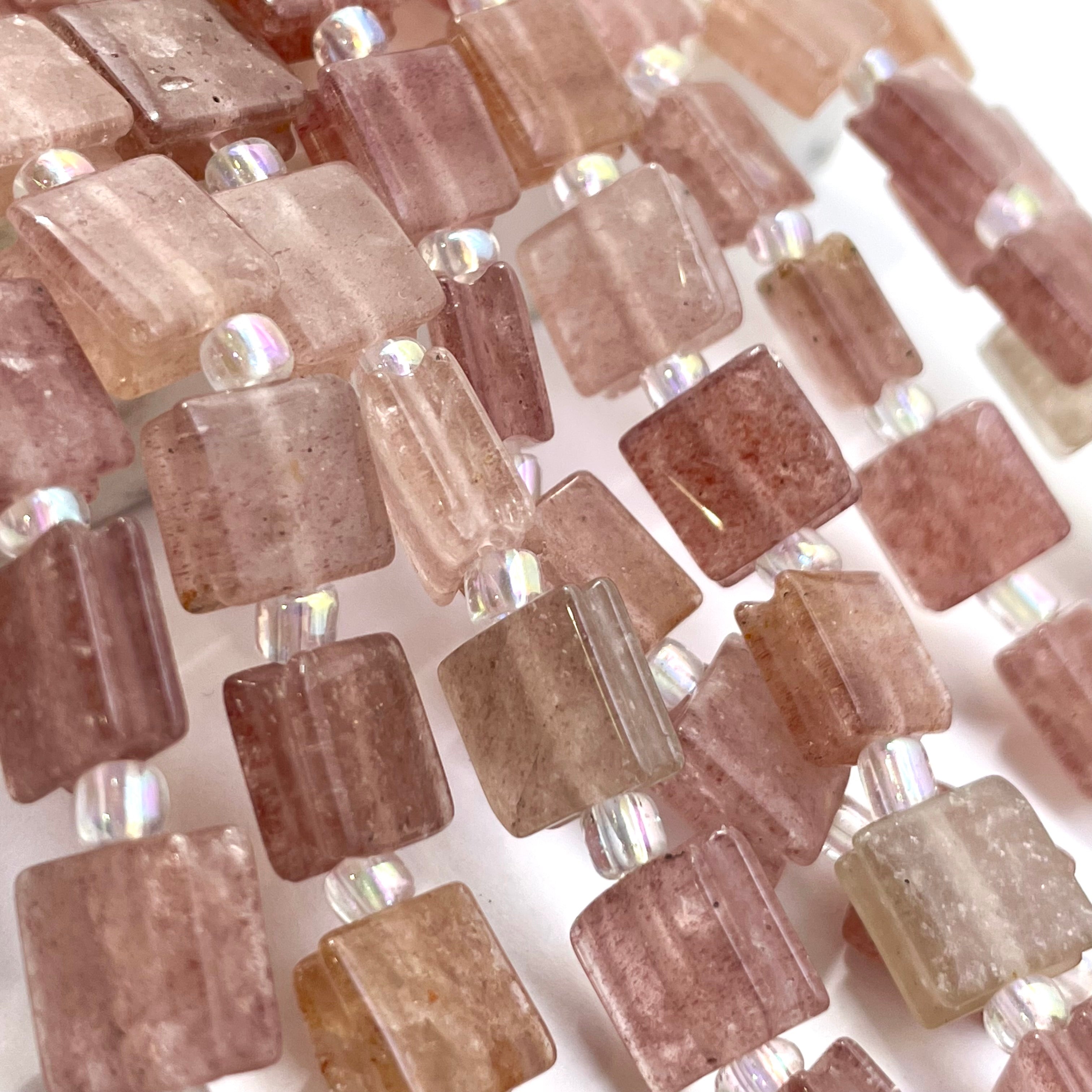 Flat square strawberry quartz beads