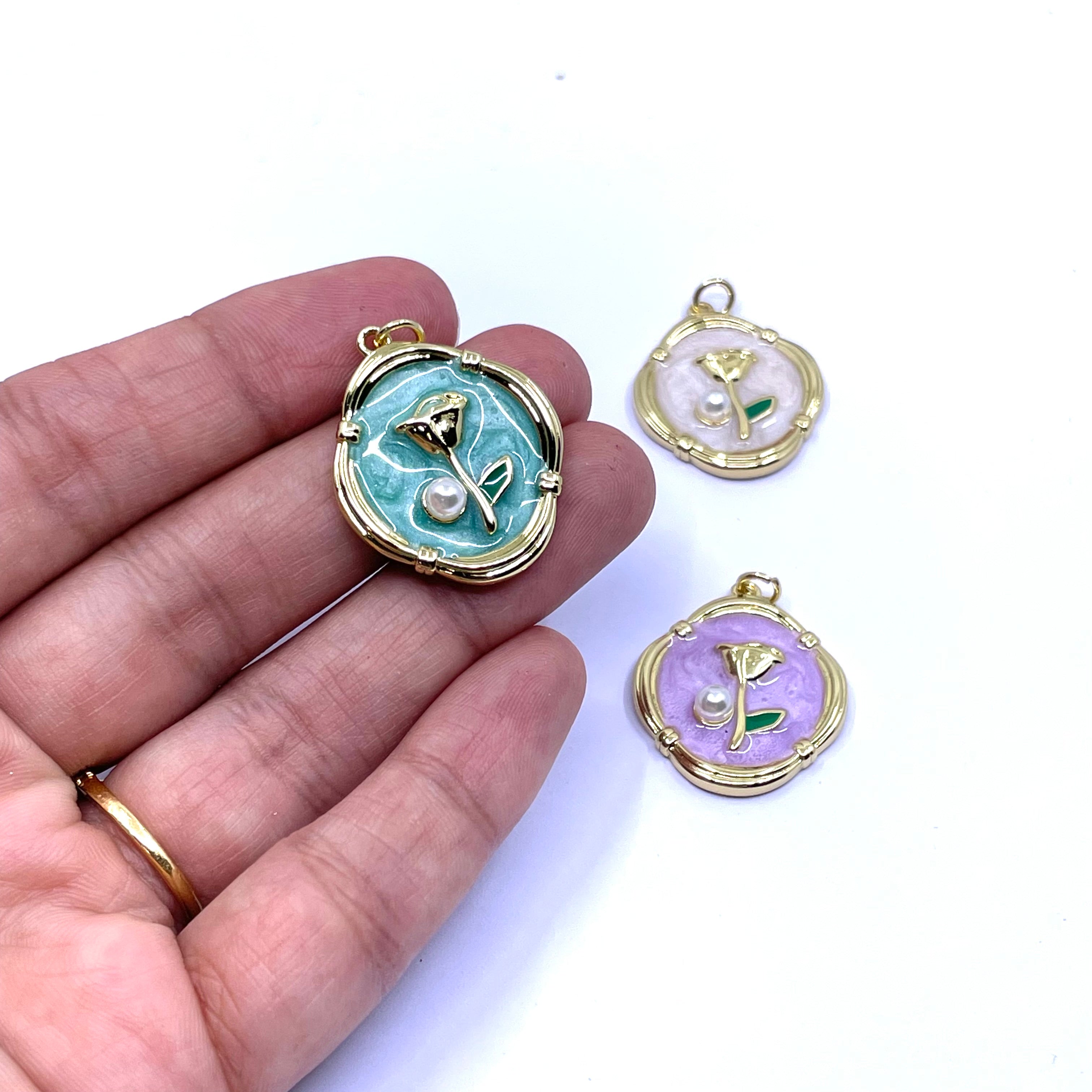 Mint tulip pendant on hand for size reference