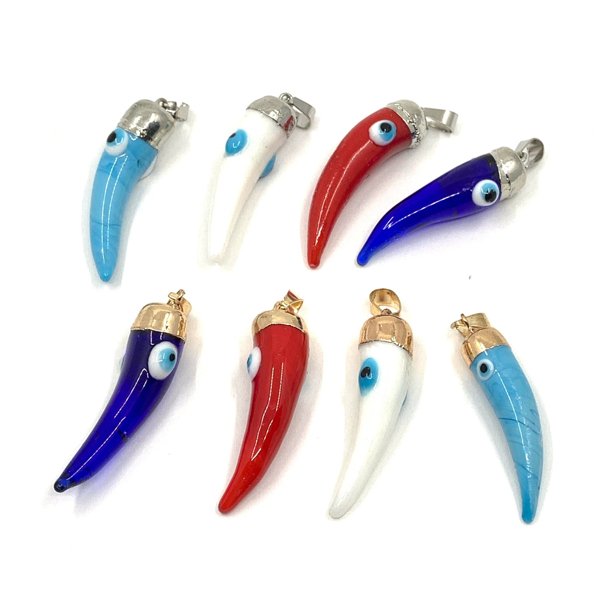 Murano glass horn pendant with double sided evil eye
