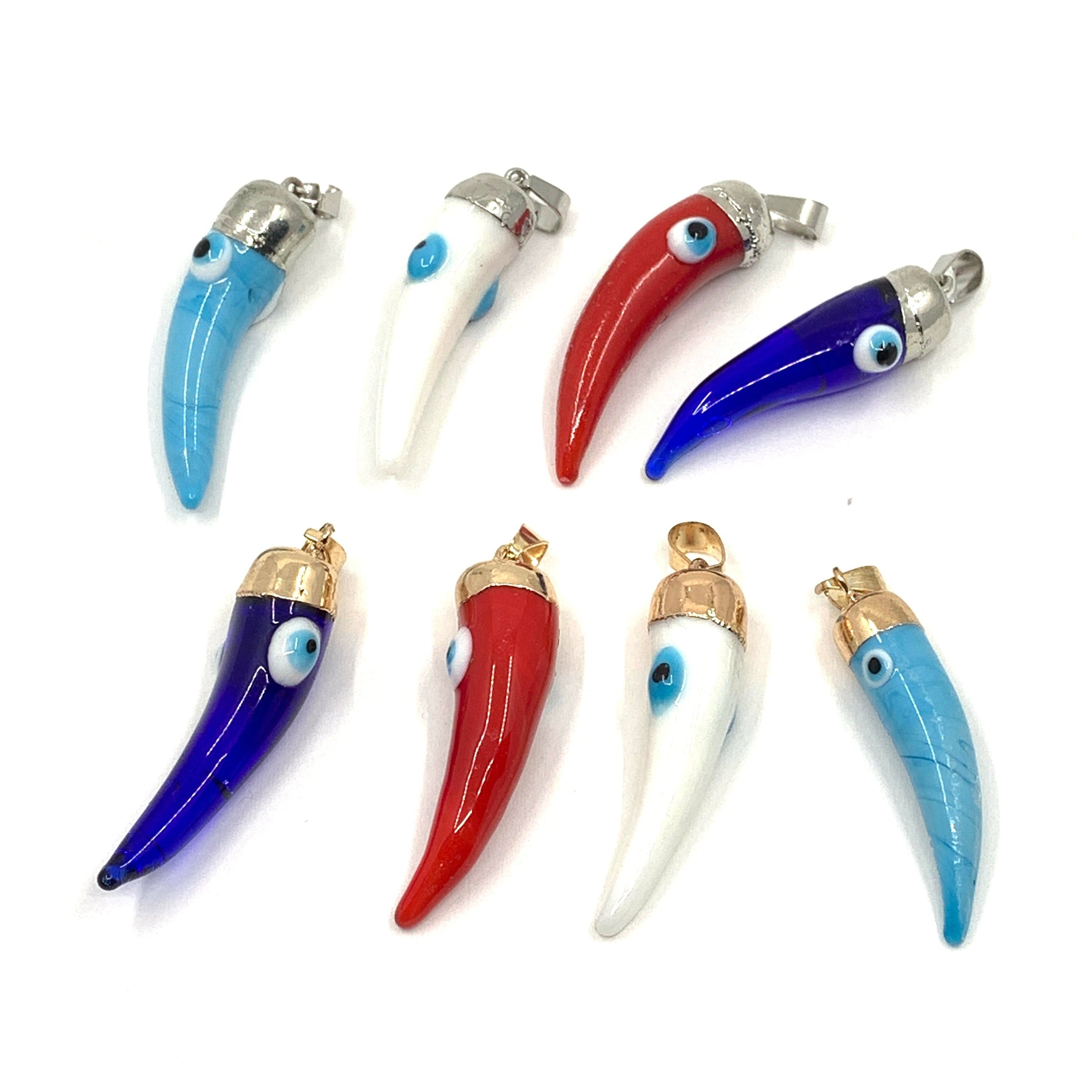 Murano glass horn pendant with double sided evil eye