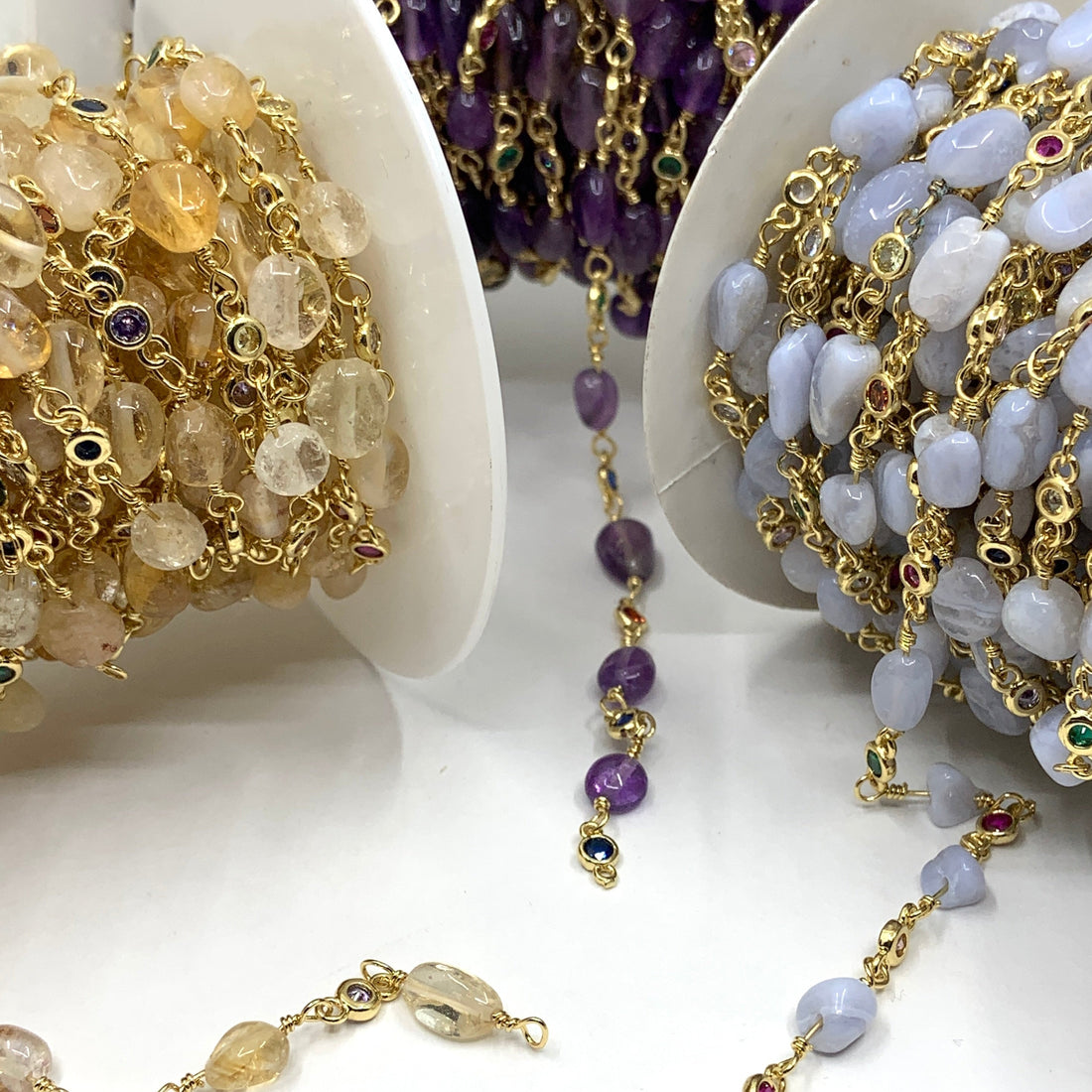 Wire Wrapped Rosary Style Chain in Amethyst, Citrine and blue lace agate options