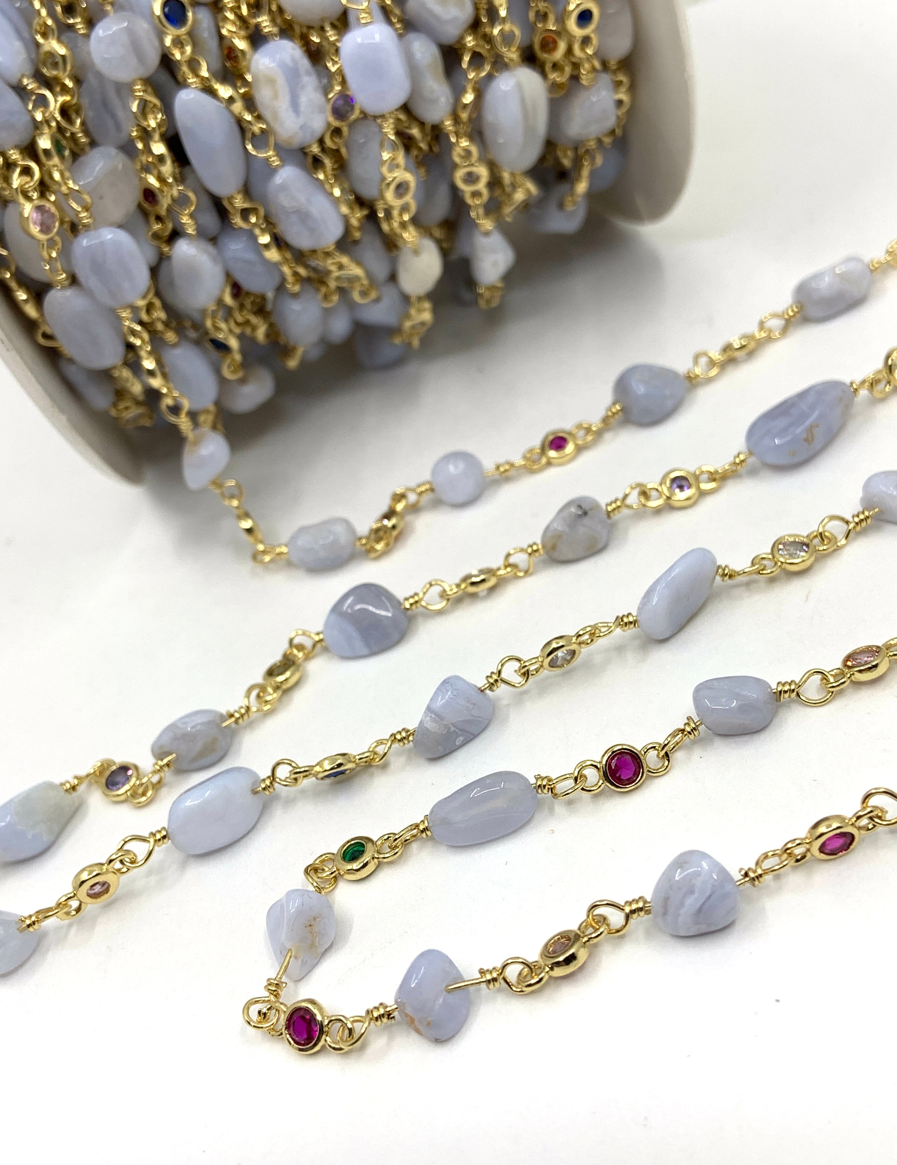Blue Lace Agate Wire Wrapped Rosary Style Chain