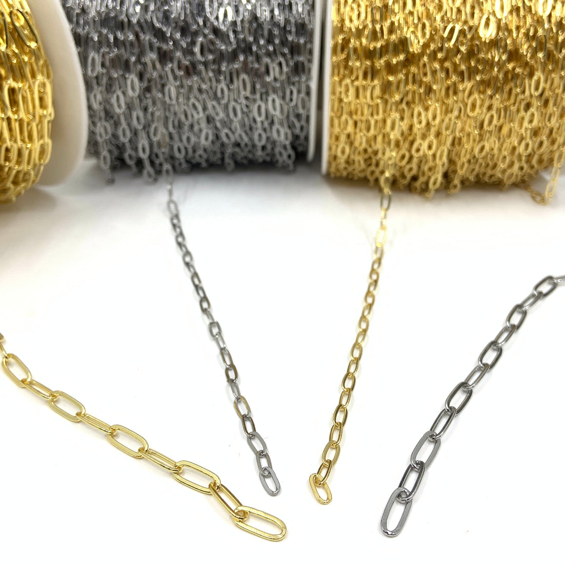 Unfinished Paper clip Chains in gold and rhodium