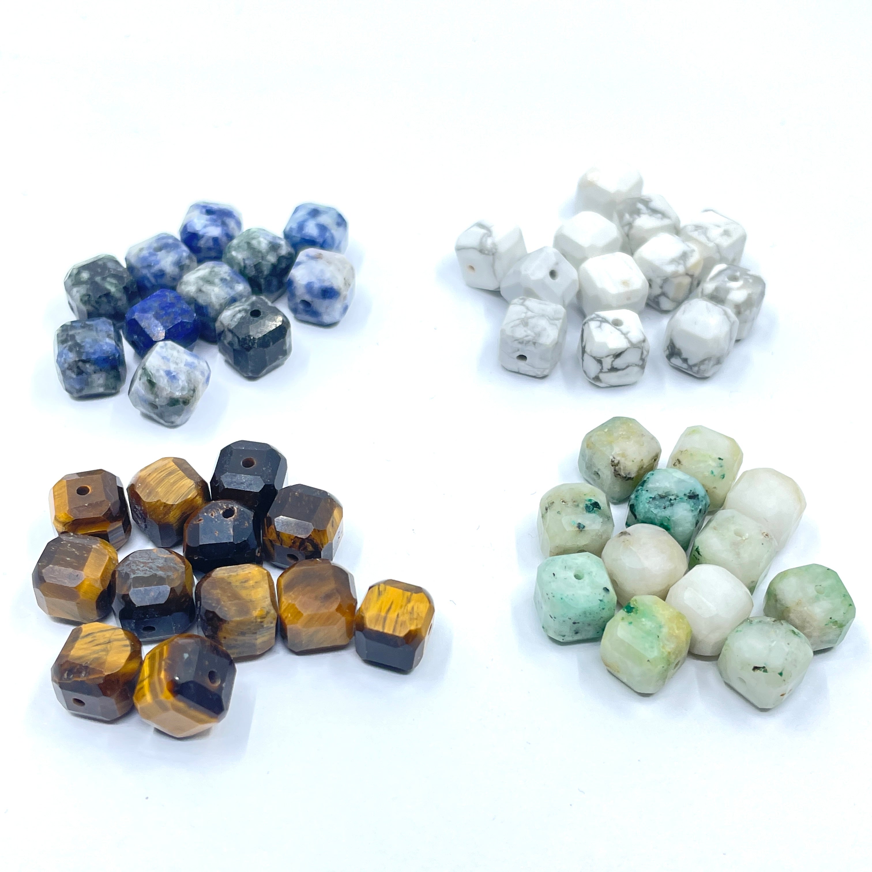 8mm cube faceted gemstones - tiger eye, howlite, kiwi jasper, sodalite