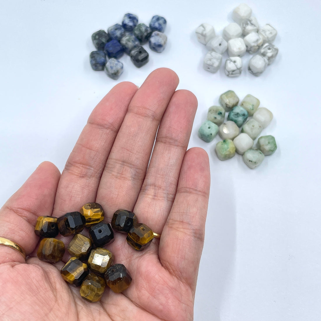 8mm cube faceted gemstones - tiger eye, howlite, kiwi jasper, sodalite