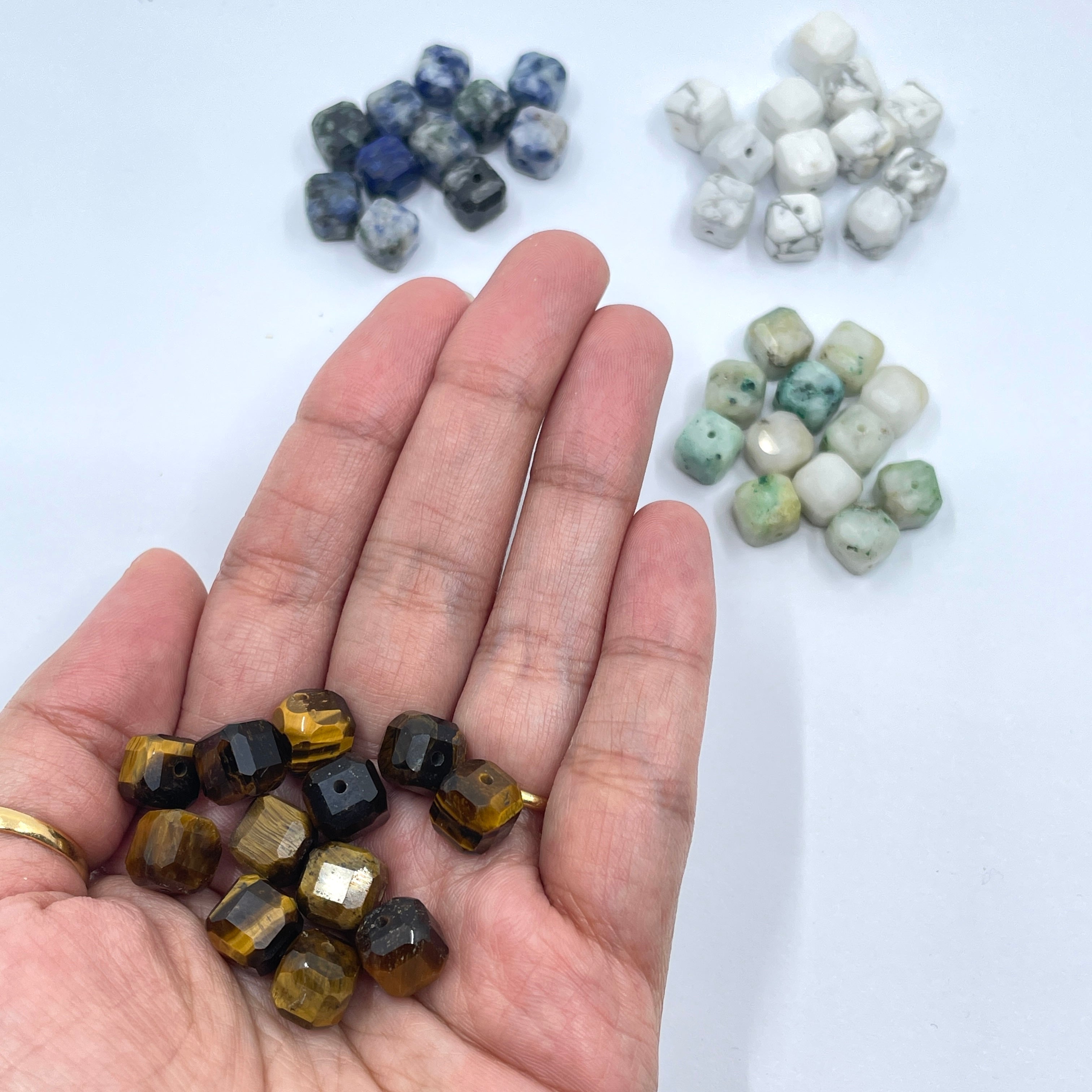 8mm cube faceted gemstones - tiger eye, howlite, kiwi jasper, sodalite