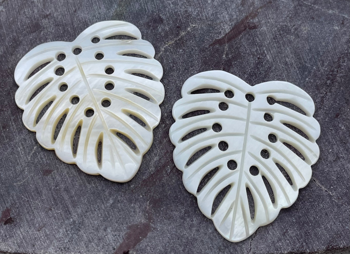Two off-white mother-of-pearl monstera leaf-shaped jewelry charms with cutout details, displayed on a dark gray textured slate surface.