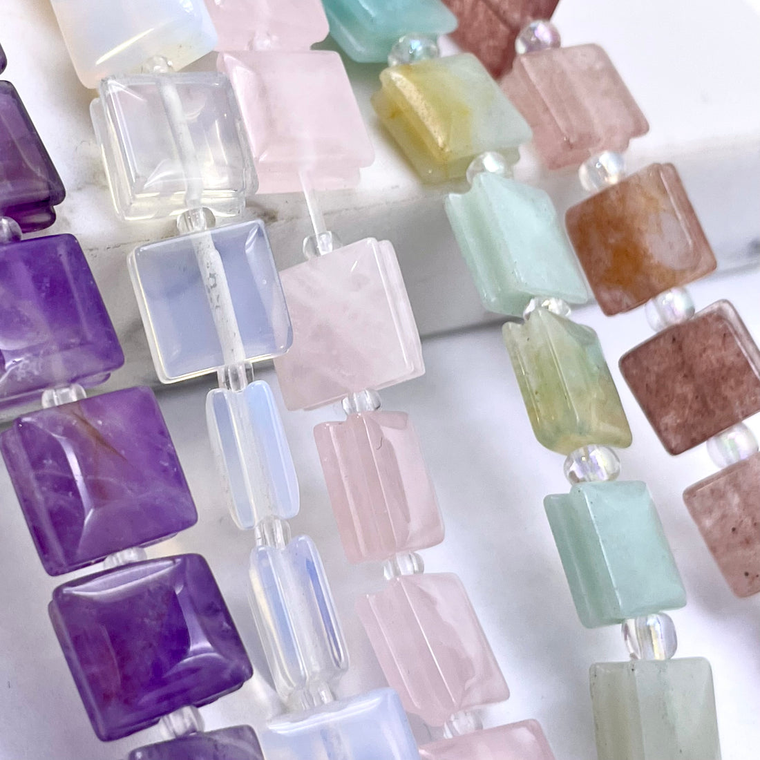 Amethyst, opalite, rose quartz, amazonite and strawberry quartz flat square gemstone beads
