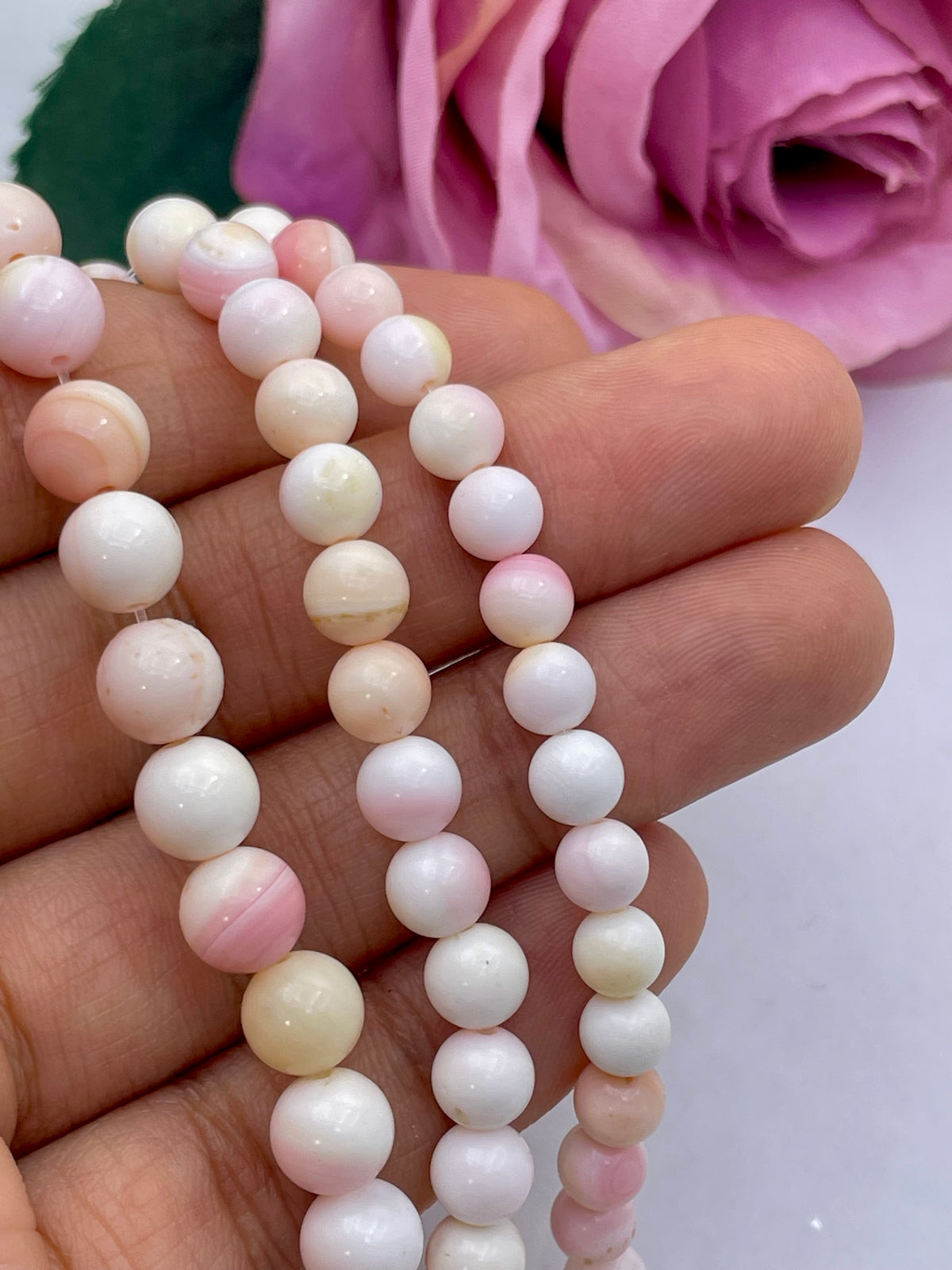A close-up of a hand holding strands of smooth, round queen conch shell pearl beads in soft pastel shades of white, pale pink, cream, and light peach, with a blurred pink rose in the background.