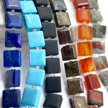 Flat square lapis, blue howlite, black agate, bronzite, carnelian and bloodstone