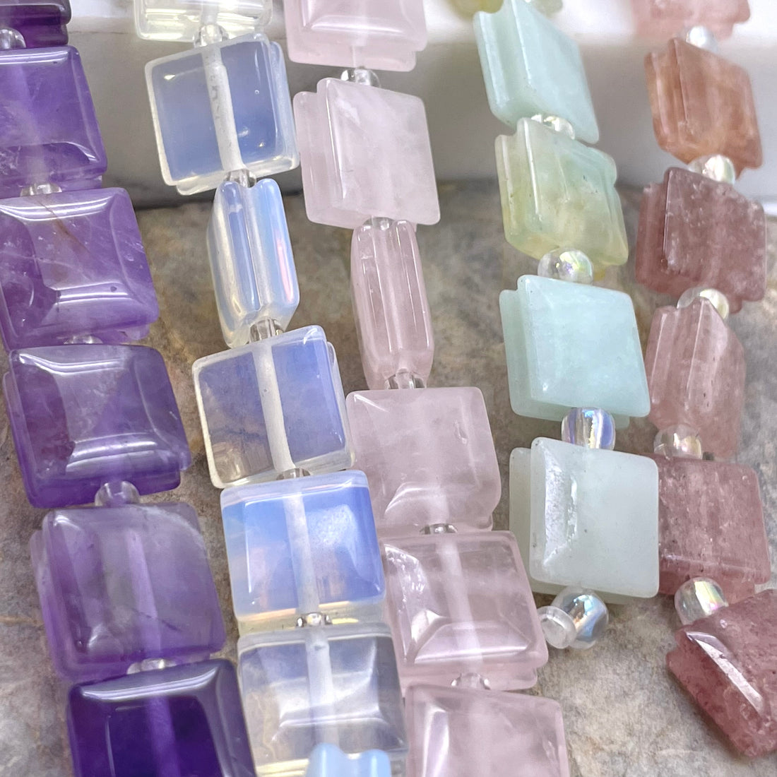 Amethyst, opalite, rose quartz, amazonite and strawberry quartz flat square gemstone beads
