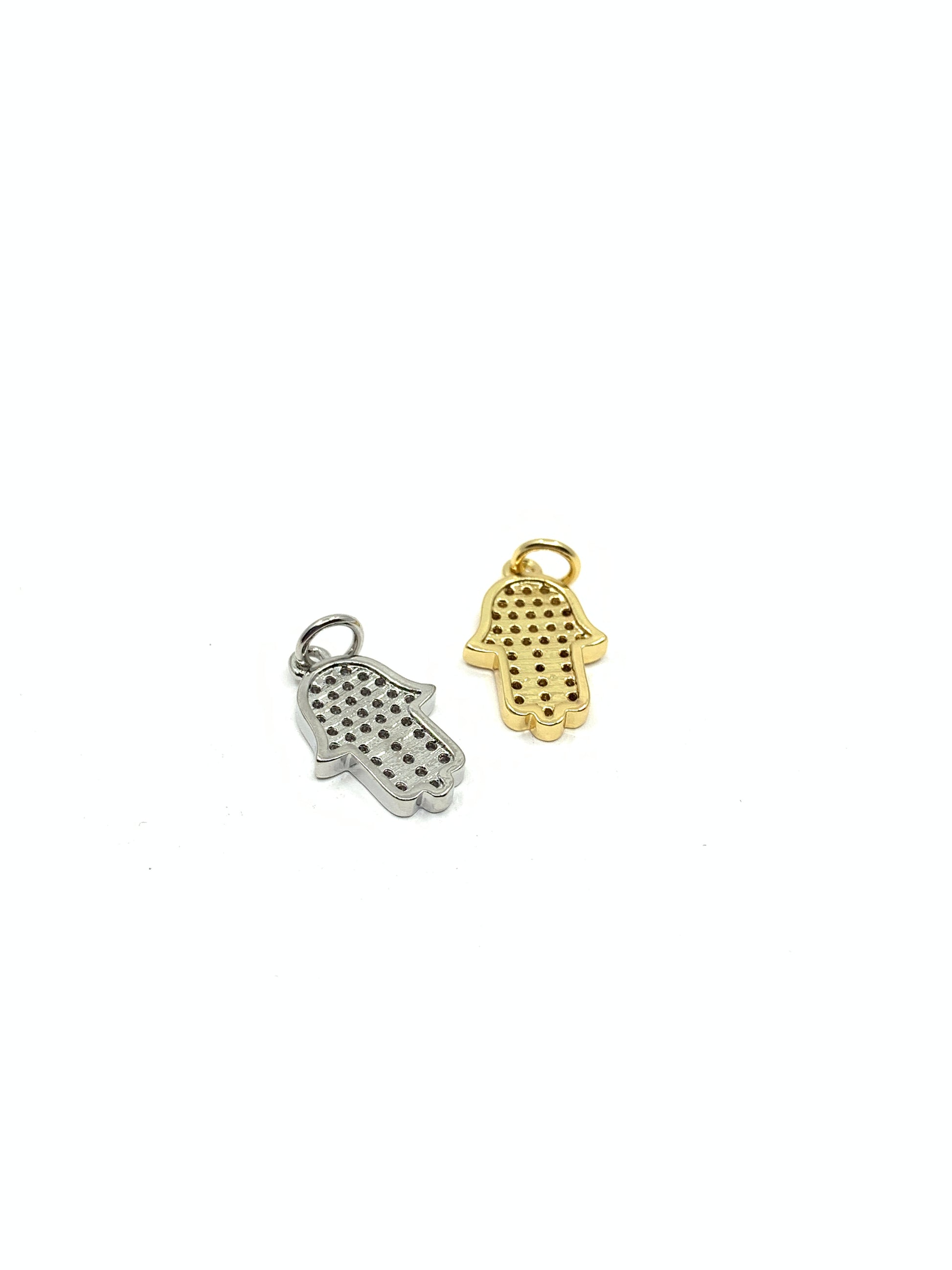 Back side of Hamsa Hand Pendant in Gold and Silver colors with CZ Stones