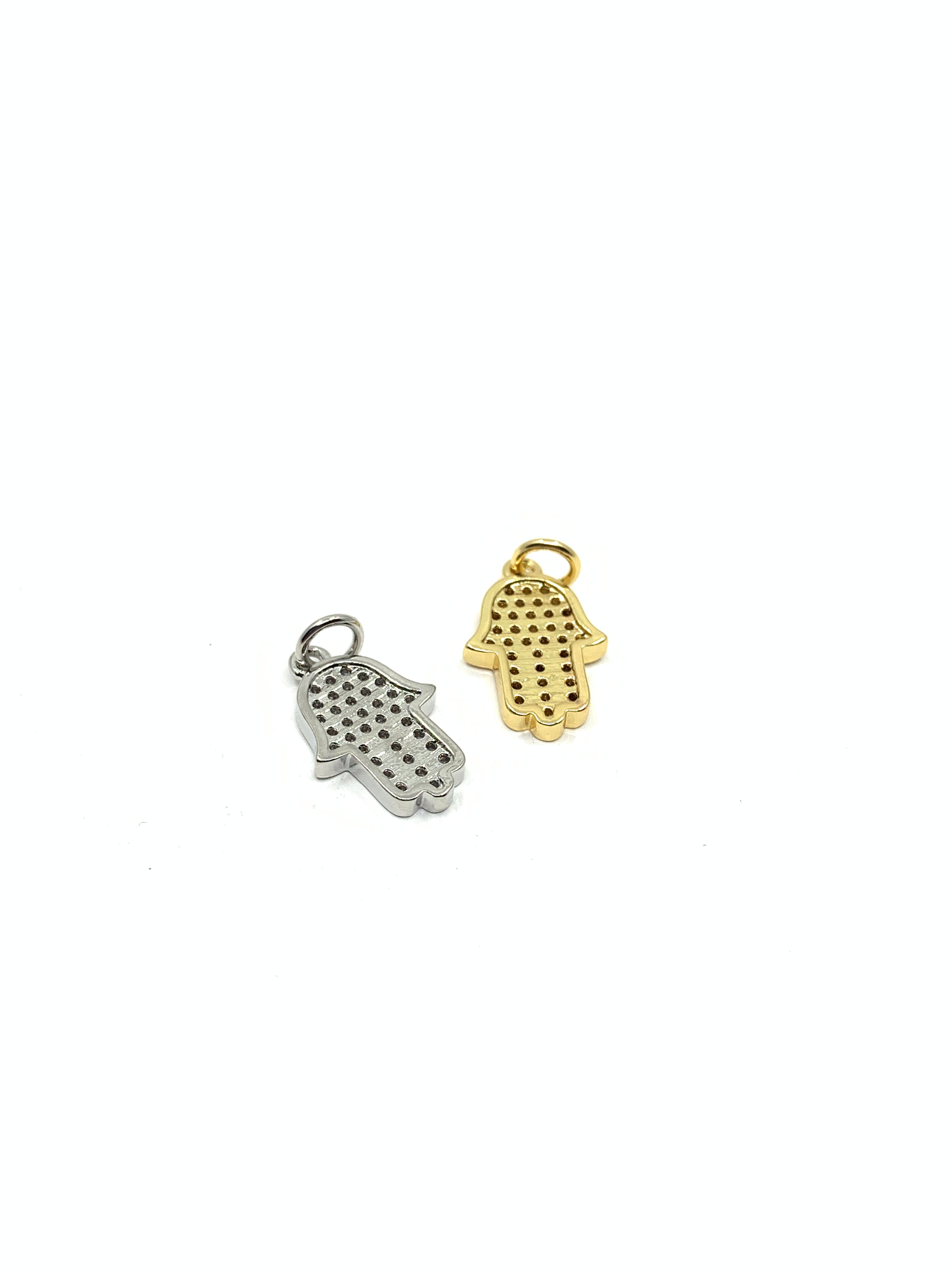 Back side of Hamsa Hand Pendant in Gold and Silver colors with CZ Stones