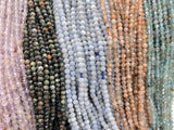 3mm round faceted light amethyst, serpentine, angelite, sunstone and light apatite displayed from left to right.