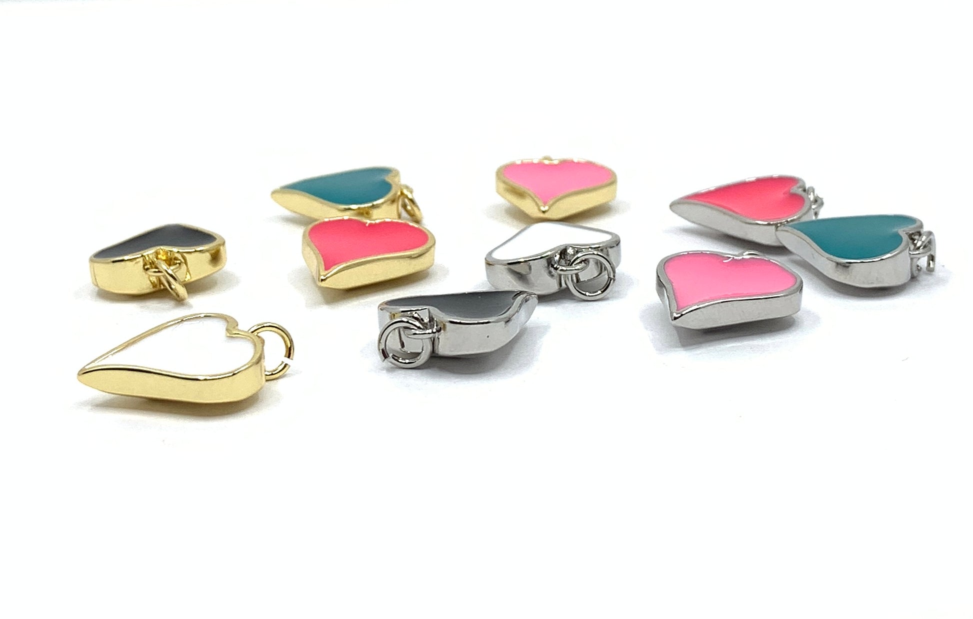 Gold tone and silver tone enamel heart pendants