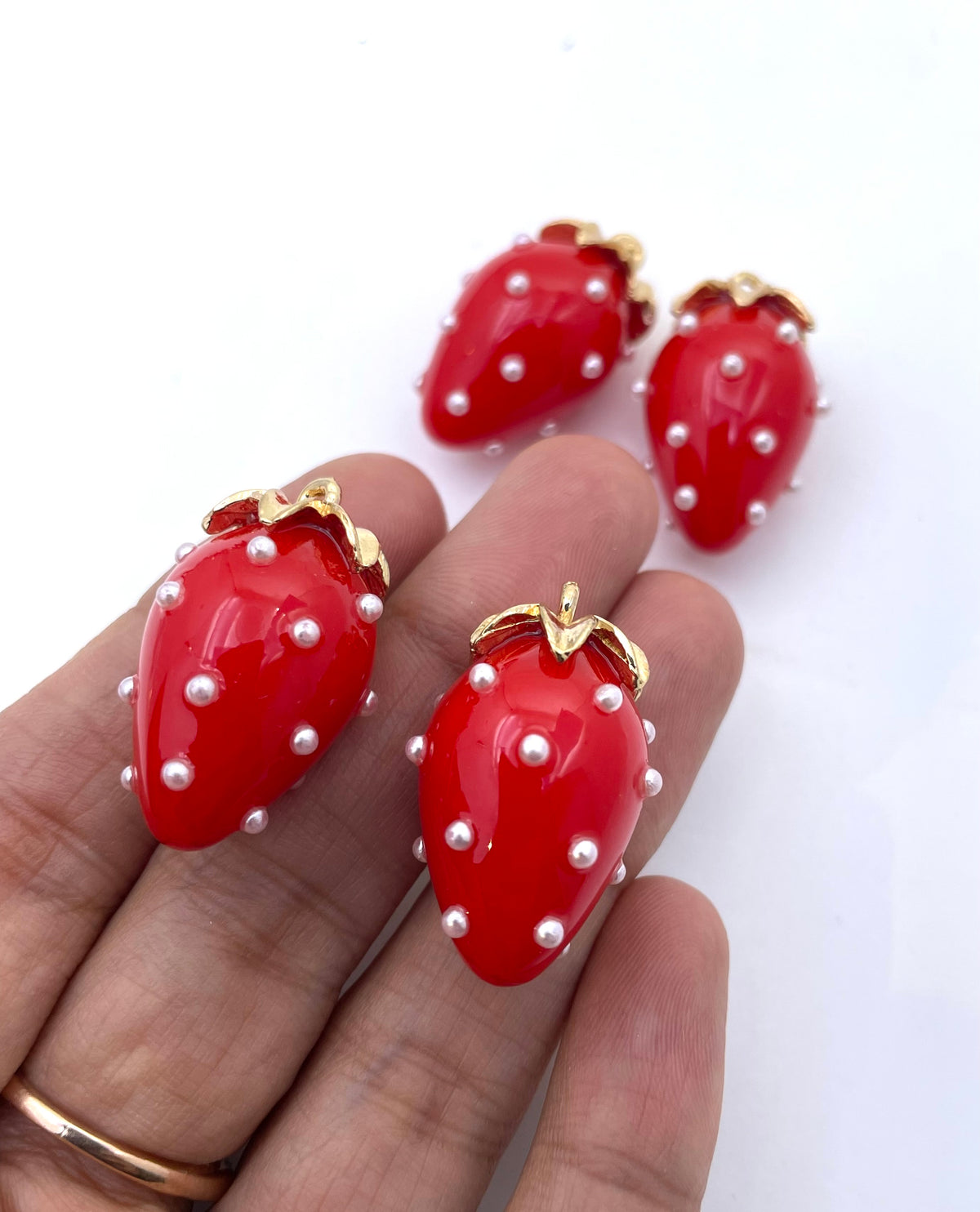 Bright Red strawberry pendant with pearls