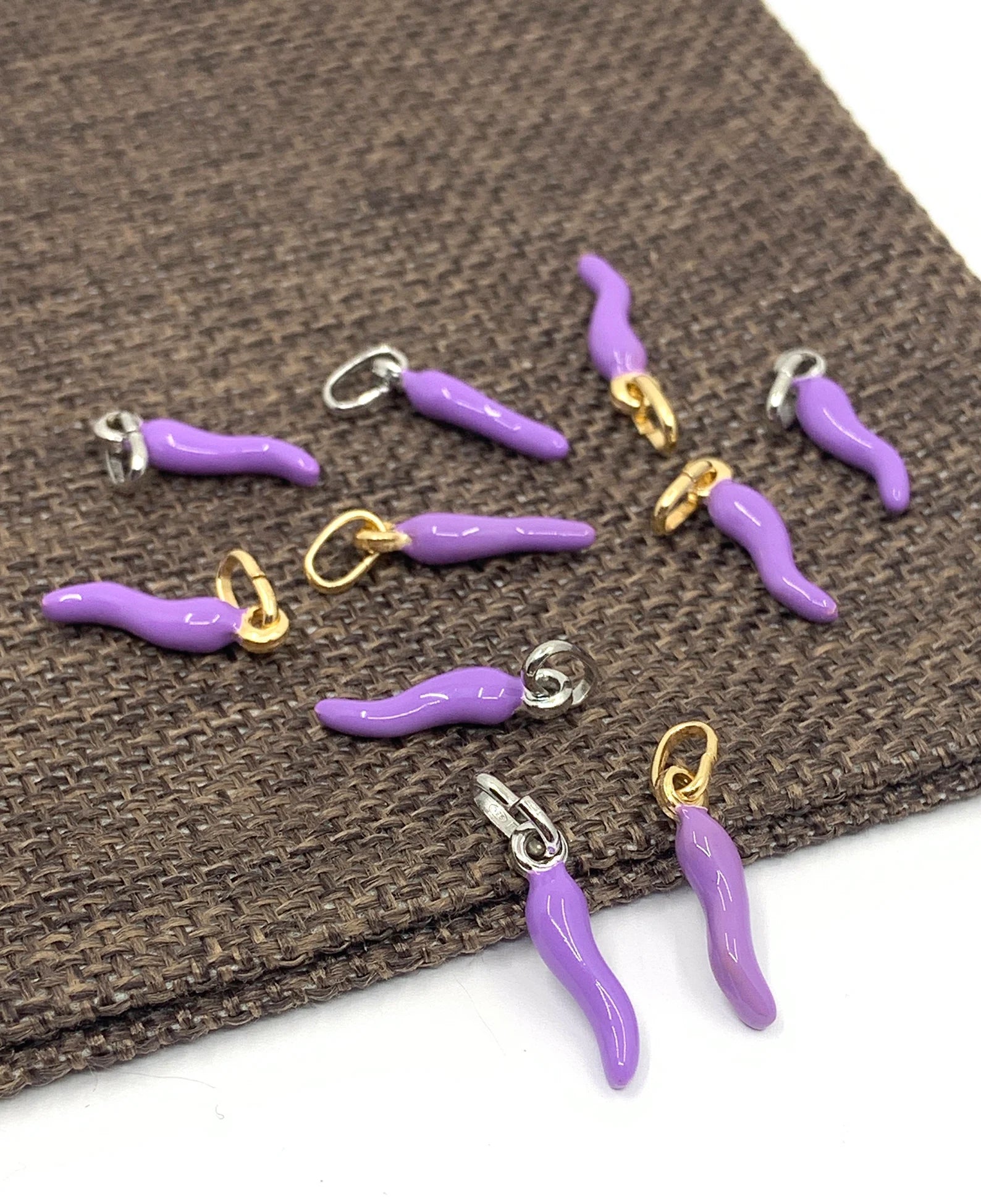 Purple Italian Horn Pendant Silver and Gold Bail