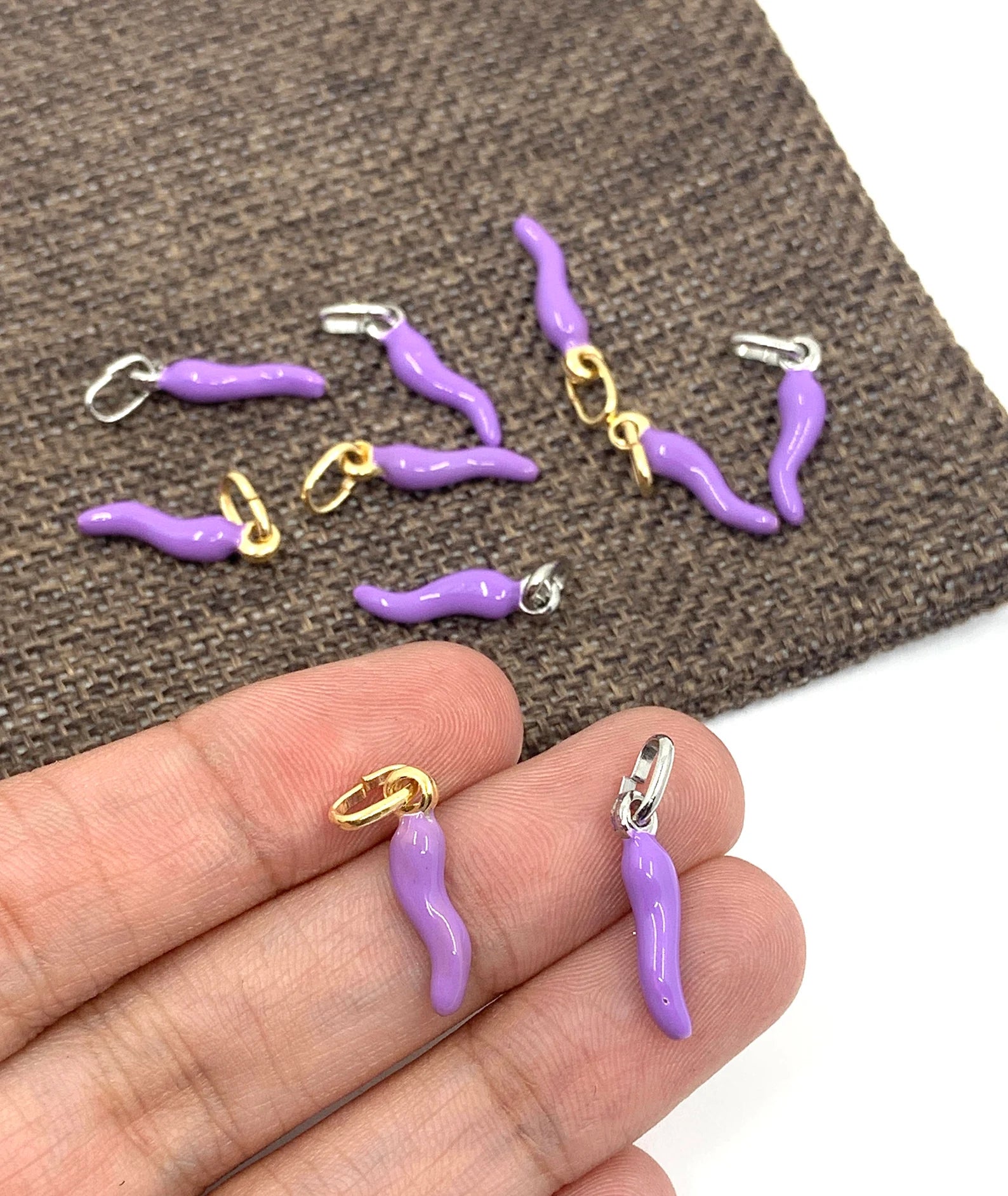 Purple Italian Horn Pendant Silver and Gold Bail