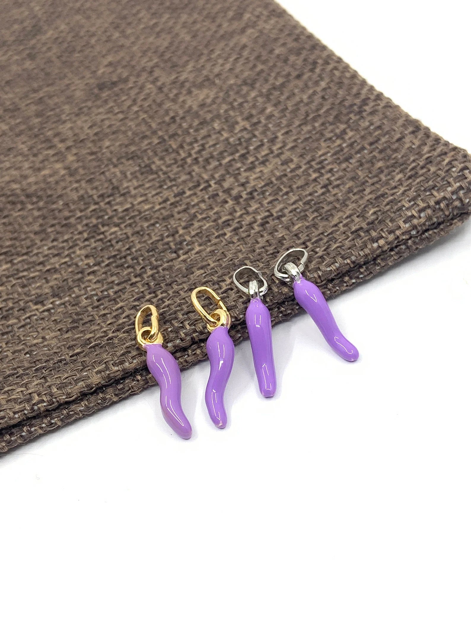 Purple Italian Horn Pendant Silver and Gold Bail