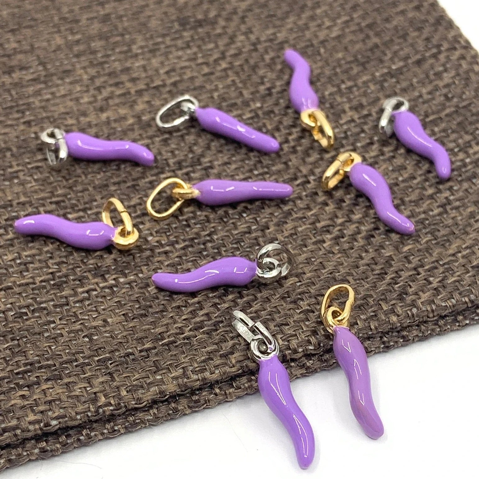 Purple Italian Horn Pendant Silver and Gold Bail