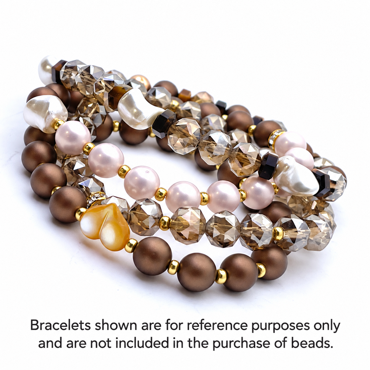 Stacked bracelets made from chocolate brown shell pearls and other beads for inspiration. 