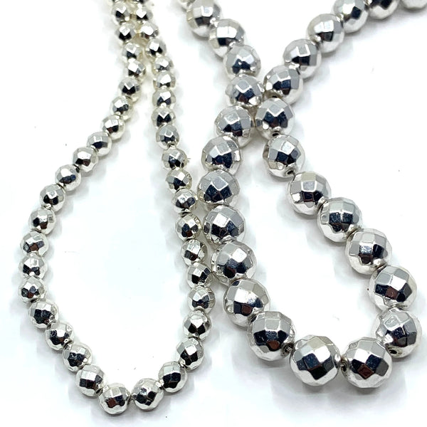 Round Faceted Silver Hematite Bead