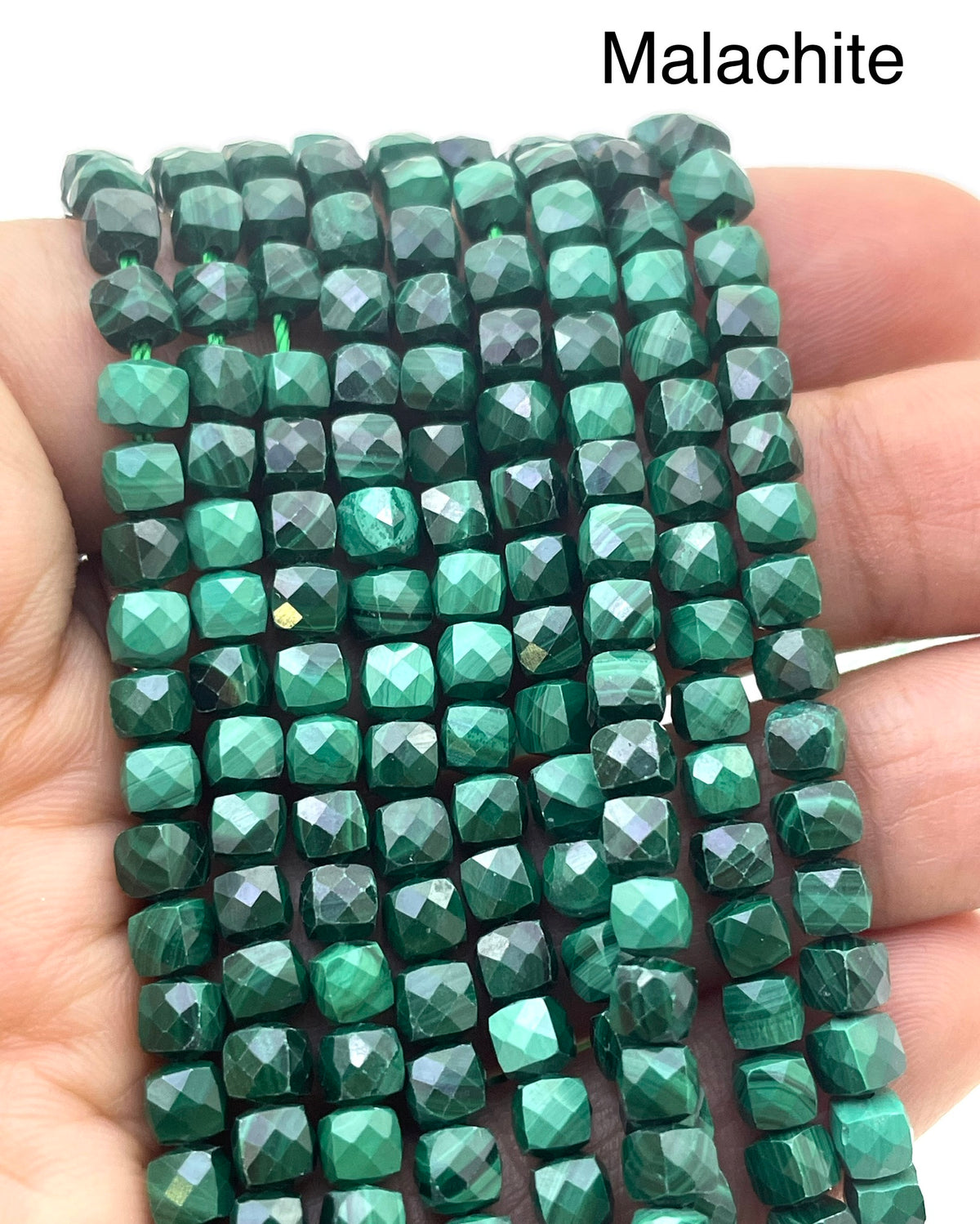 4mm cube faceted malachite beads
