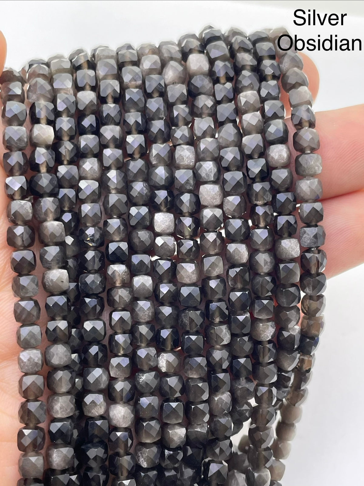 4mm cube faceted silver obsidian beads