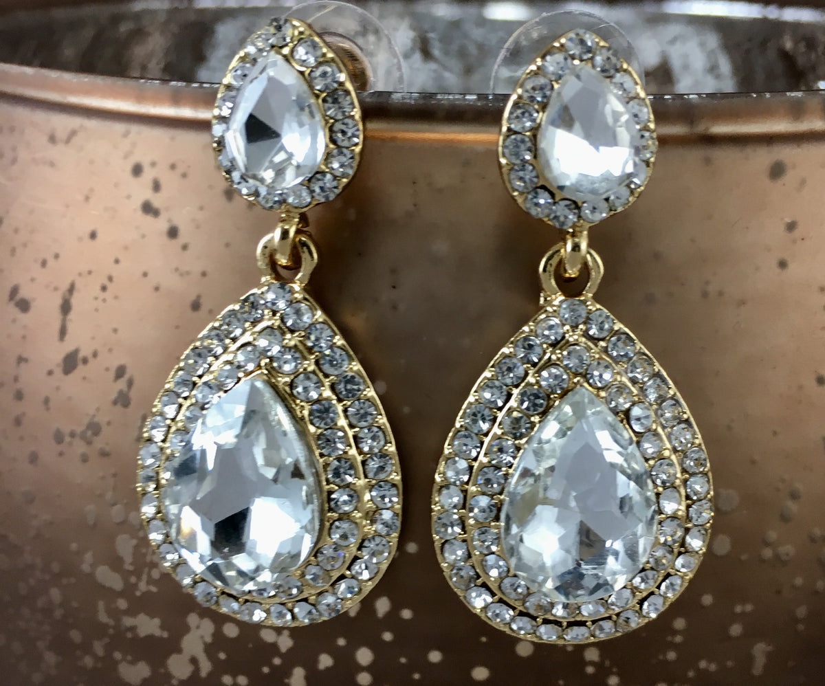 Crystal Big Top and Bottom Teardrop Earrings, Gold | BellaireWholesale