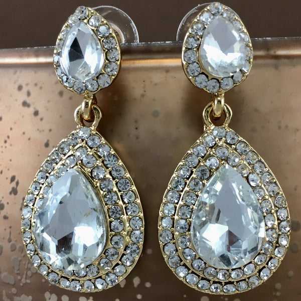 Crystal Big Top and Bottom Teardrop Earrings, Gold | BellaireWholesale