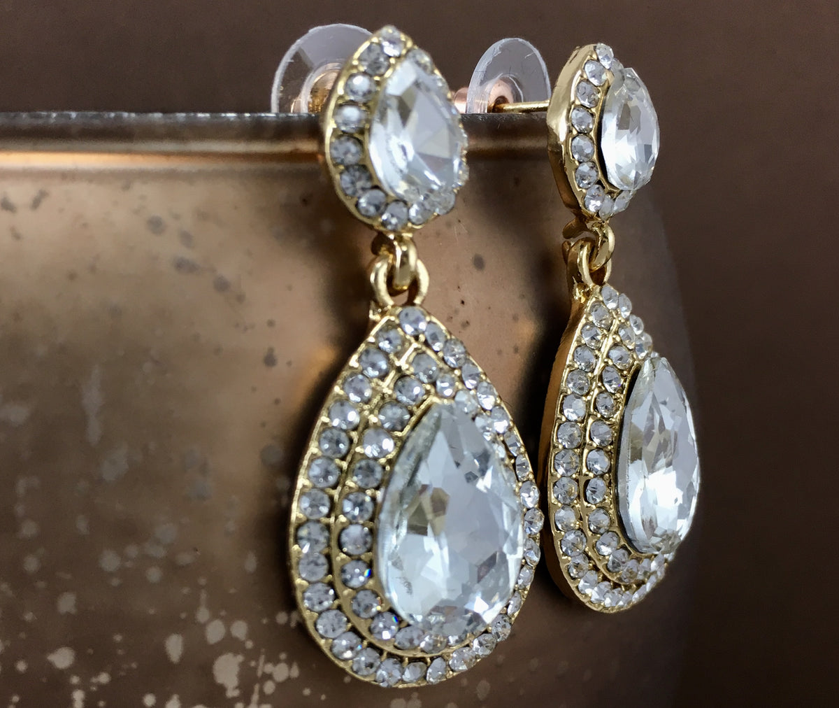 Crystal Big Top and Bottom Teardrop Earrings, Gold | BellaireWholesale