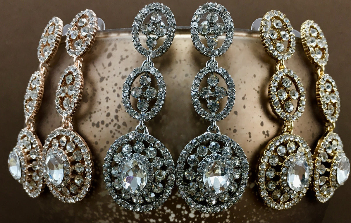 Crystal 3 Tier Circle Long Earrings, Rose Gold | Bellaire Wholesale