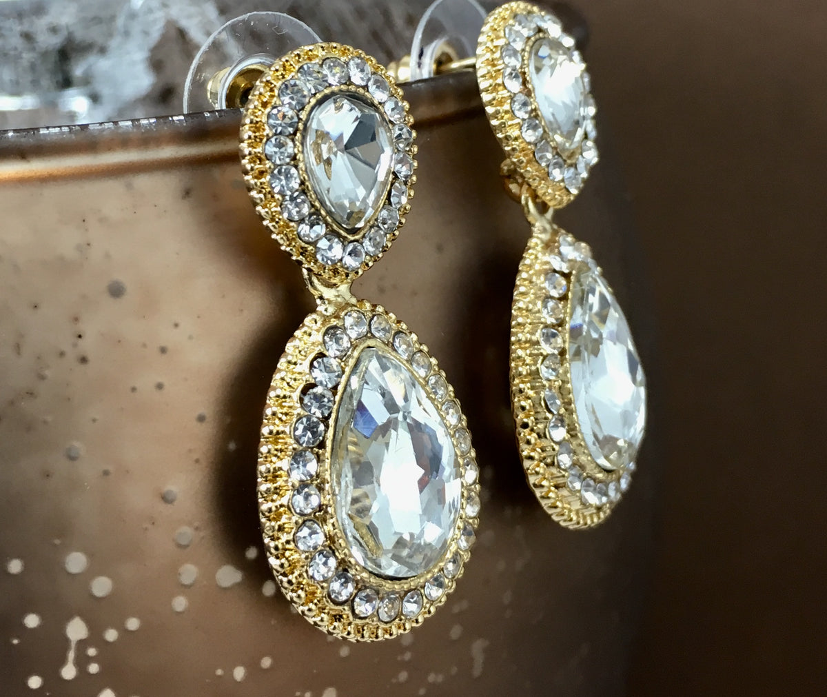 Crystal Wide 2 Teardrop Earrings, Gold | Bellaire Wholesale