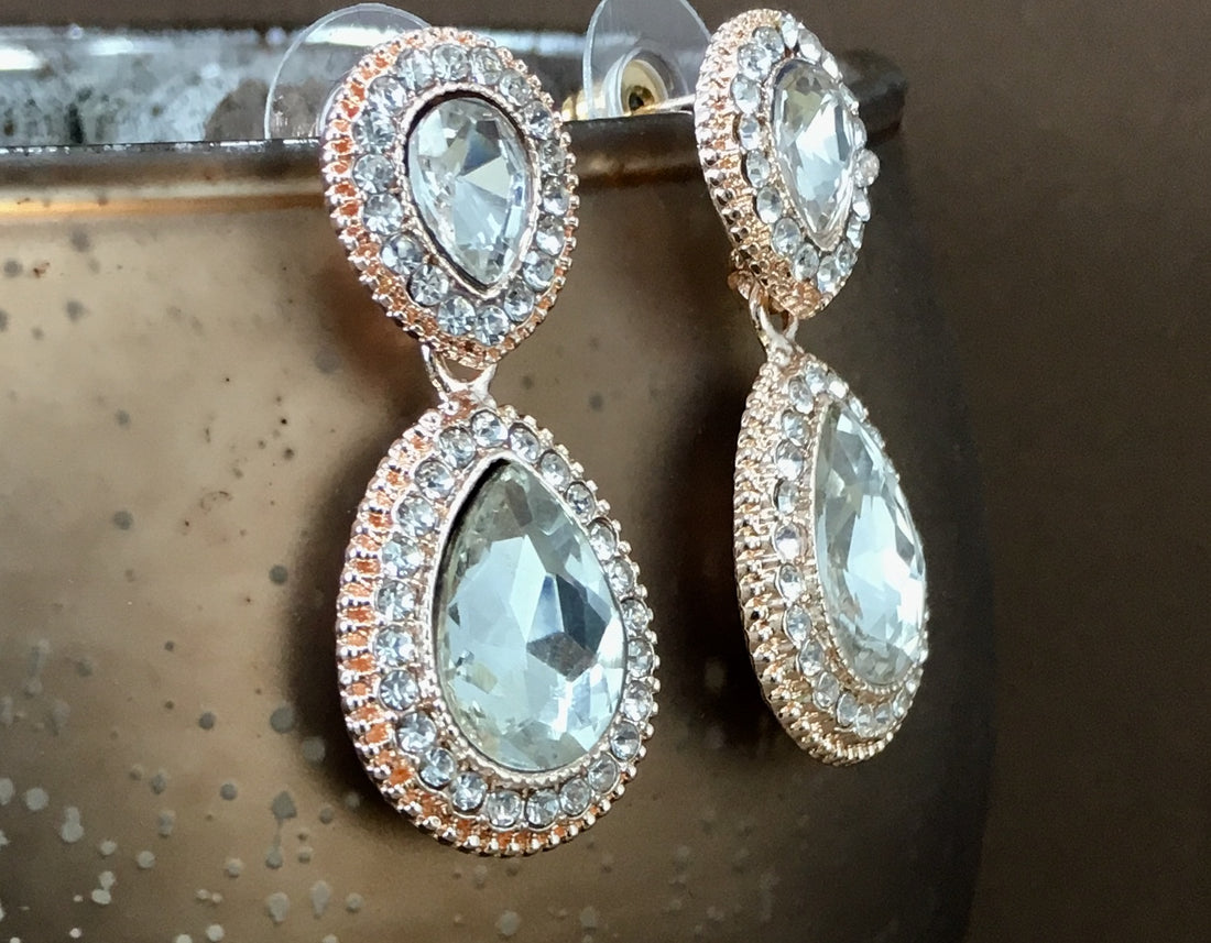Crystal Wide 2 Teardrop Earrings, Rose Gold | Bellaire Wholesale