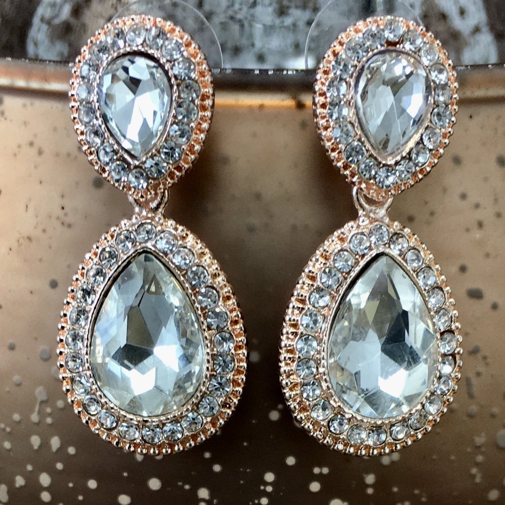 Crystal Wide 2 Teardrop Earrings, Rose Gold | Bellaire Wholesale