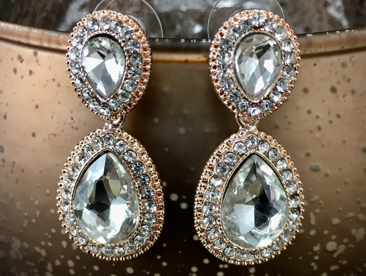 Crystal Wide 2 Teardrop Earrings, Rose Gold | Bellaire Wholesale