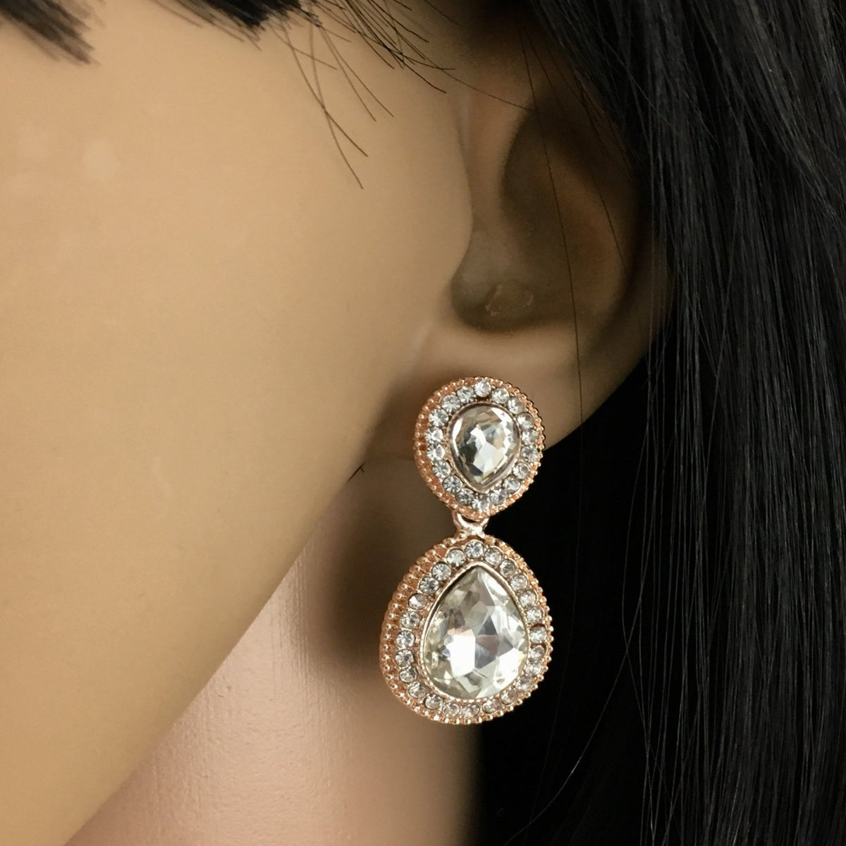 Crystal Wide 2 Teardrop Earrings, Rose Gold | Bellaire Wholesale