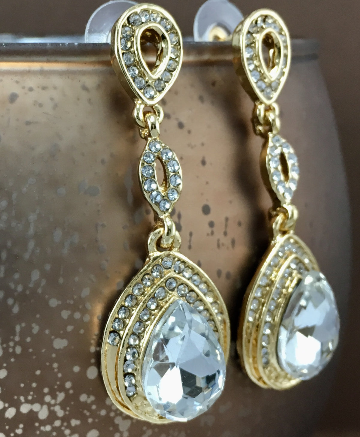 Crystal 3 Tier Open Top Tear Drop Earrings, Gold | Bellaire Wholesale