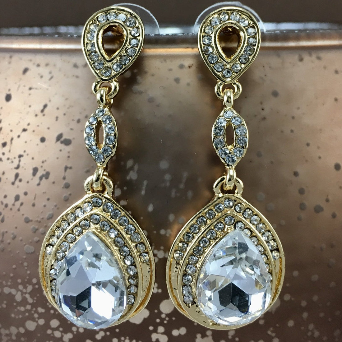 Crystal 3 Tier Open Top Tear Drop Earrings, Gold | Bellaire Wholesale