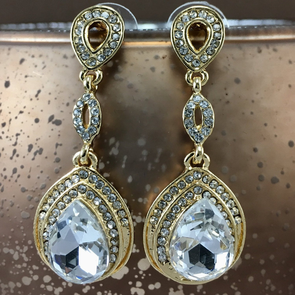 Crystal 3 Tier Open Top Tear Drop Earrings, Gold | Bellaire Wholesale