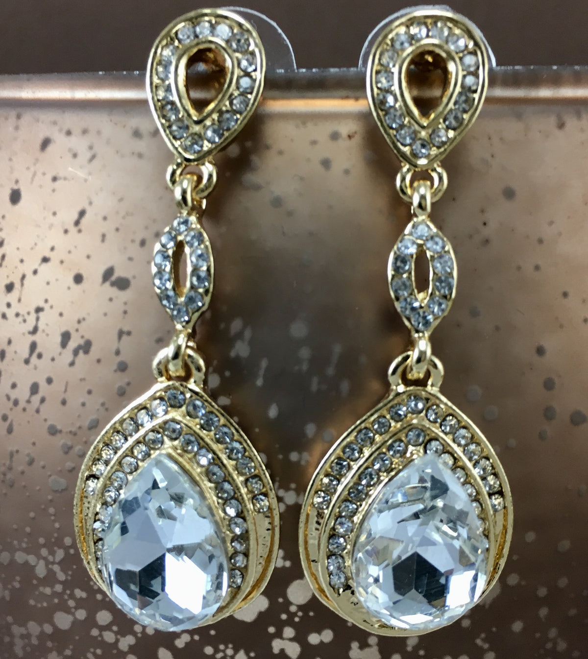 Crystal 3 Tier Open Top Tear Drop Earrings, Gold | Bellaire Wholesale