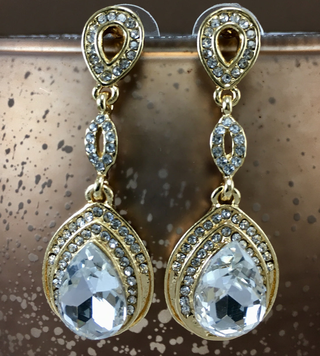 Crystal 3 Tier Open Top Tear Drop Earrings, Gold | Bellaire Wholesale