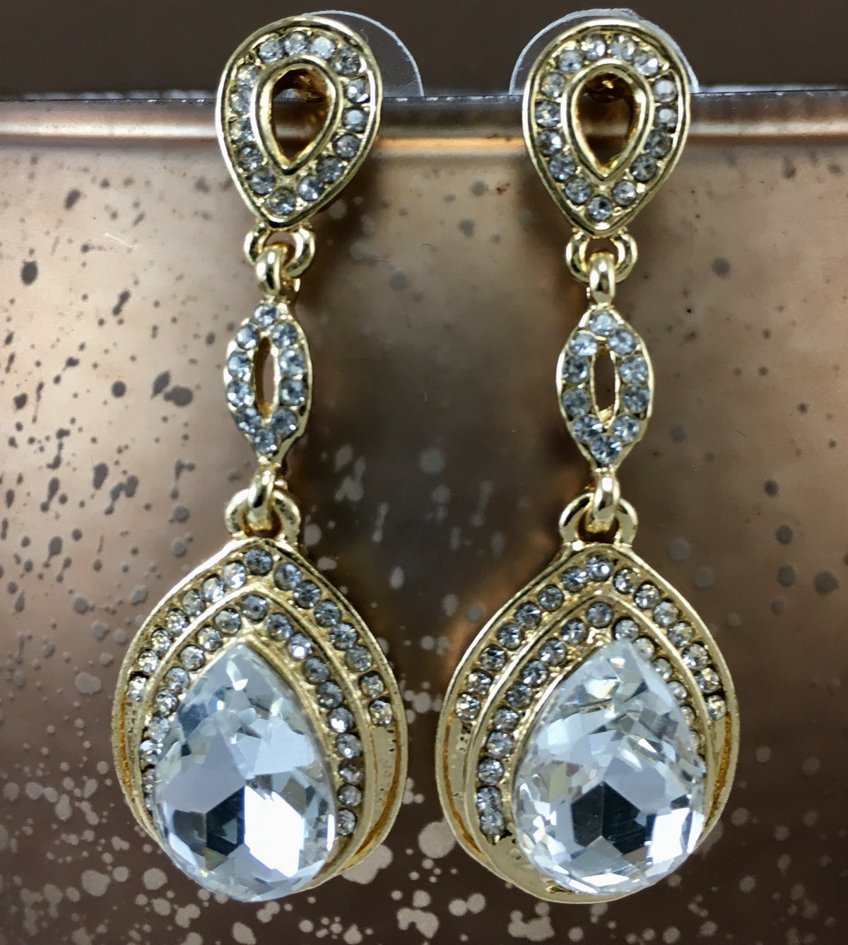 Crystal 3 Tier Open Top Tear Drop Earrings, Gold | Bellaire Wholesale