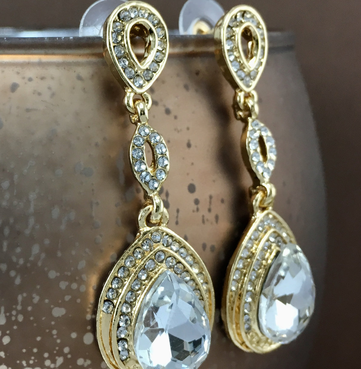 Crystal 3 Tier Open Top Tear Drop Earrings, Gold | Bellaire Wholesale