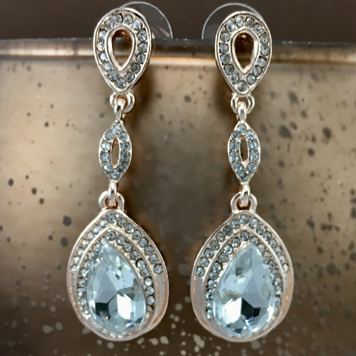 Crystal 3 Tier Open Top Tear Drop Earrings, Rose Gold | Bellaire Wholesale