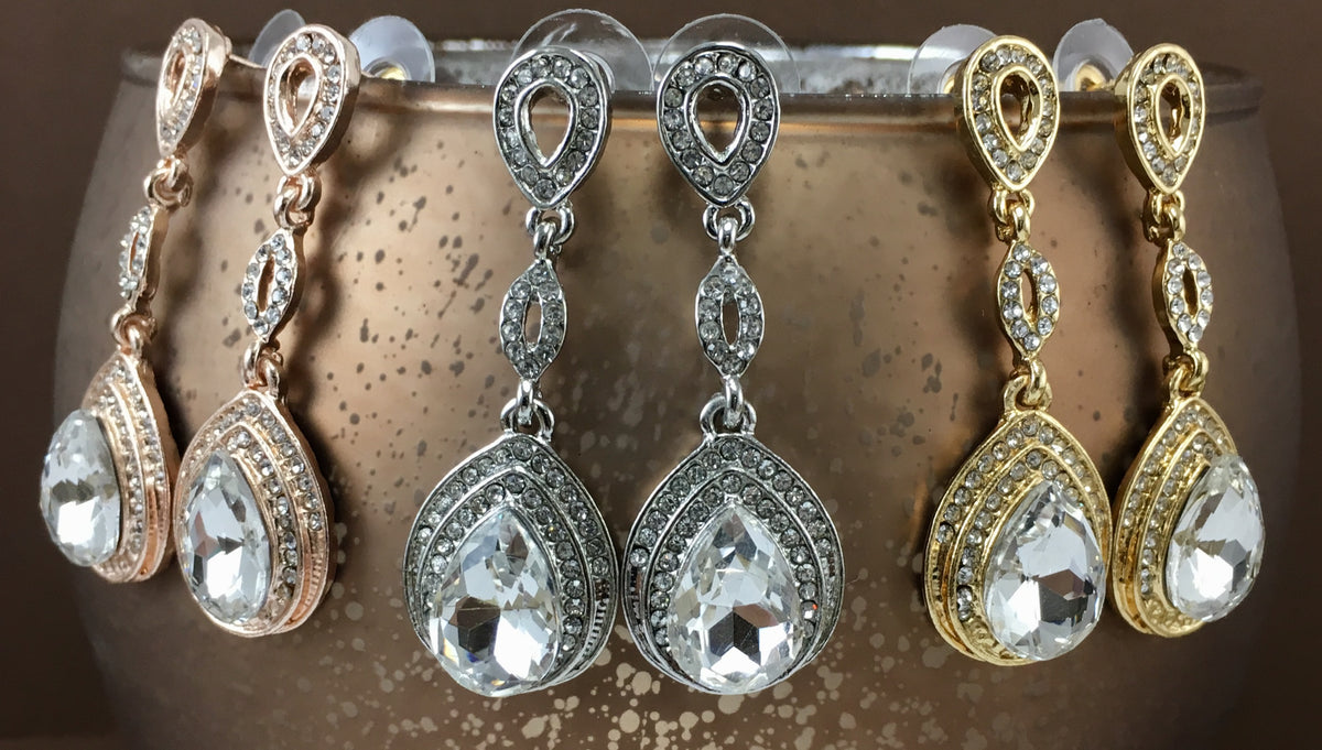Crystal 3 Tier Open Top Teardrop Earrings, Silver | Bellaire Wholesale