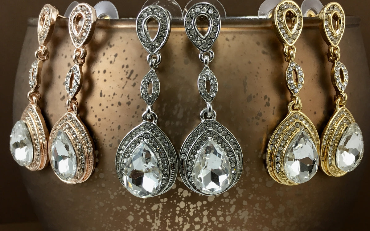 Crystal 3 Tier Open Top Tear Drop Earrings, Rose Gold | Bellaire Wholesale