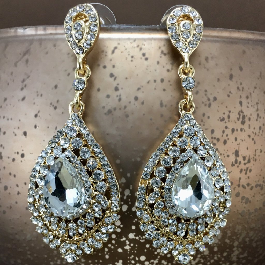 Crystal Victorian Teardrop Earrings, Gold | Bellaire Wholesale
